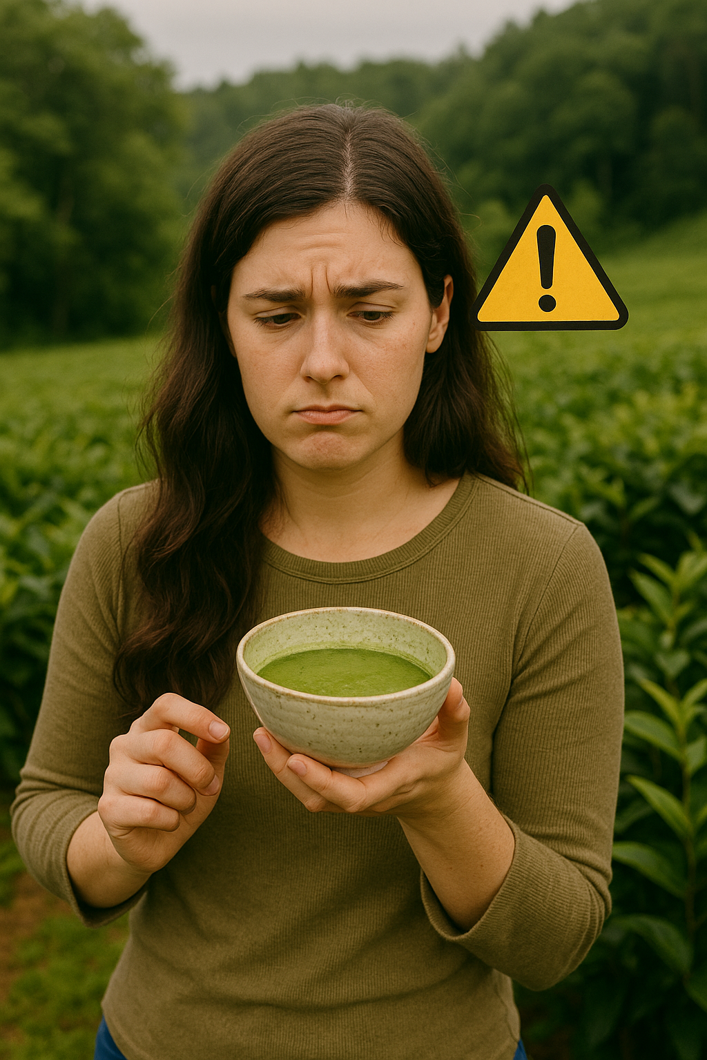 Matcha non bio : attention aux résidus de pesticides Femme examinant un bol de matcha dans une plantation avec un panneau attention, symbolisant les pesticides