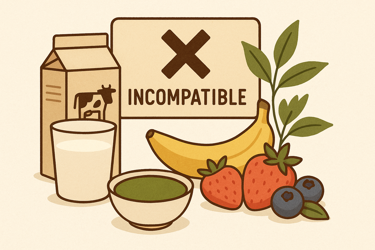 Lait et fruits : des effets qui réduisent les bienfaits du matcha Illustration d’un bol de matcha, de lait et de fruits avec le mot incompatible, évoquant les interactions antioxydants