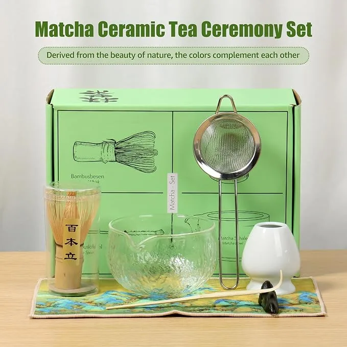 Kit matcha BAODBF 7 pièces avec bol en verre transparent, fouet bambou et support céramique