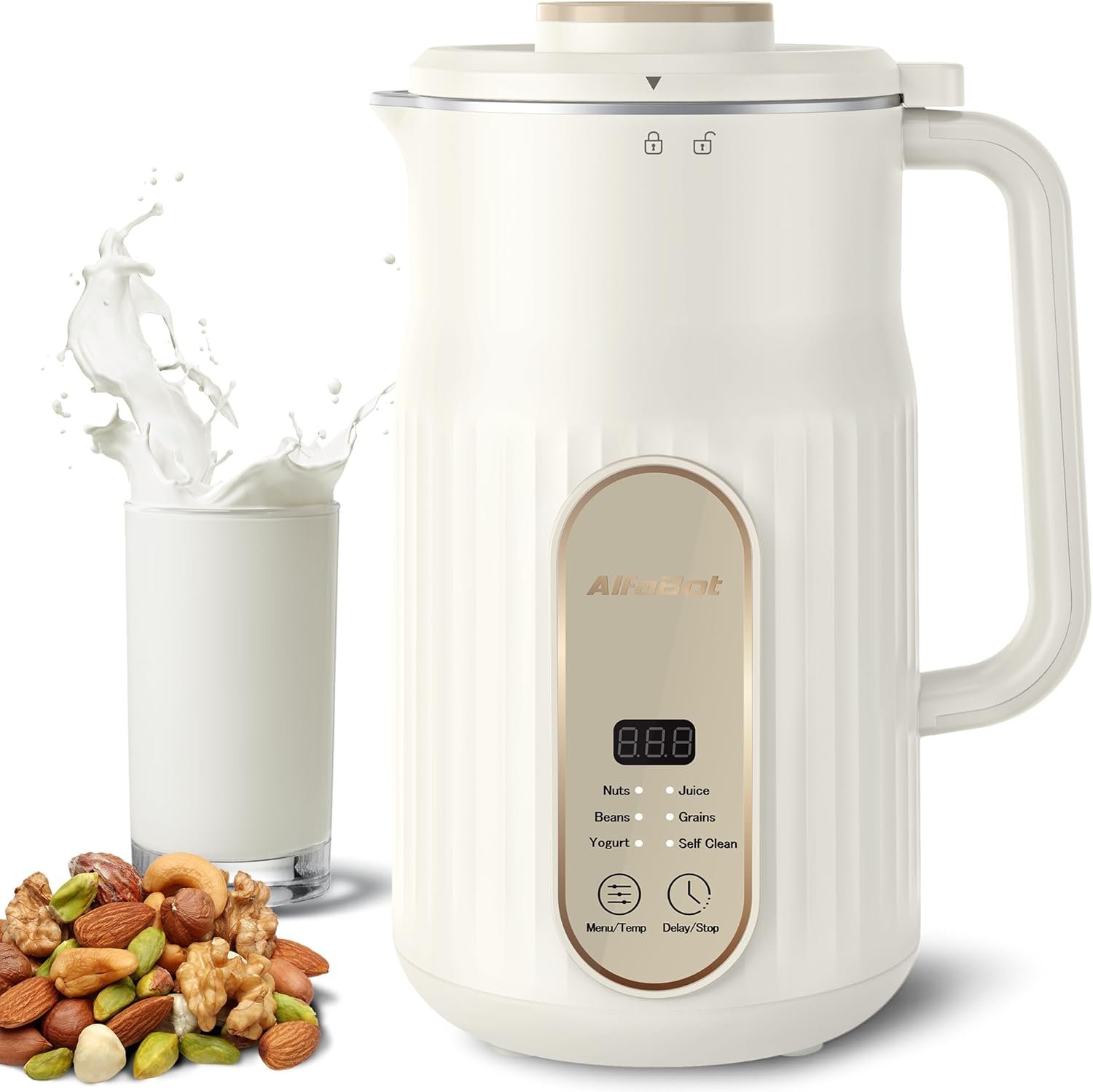 Une sélection de mousseur à lait électrique Amazon 2025 12 Machine à laits végétaux AlfaBot N2 avec des amandes à côté