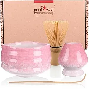 Kit matcha Goodwei Sakura avec chawan rose artisanal, chasen 80 brins et support assorti
