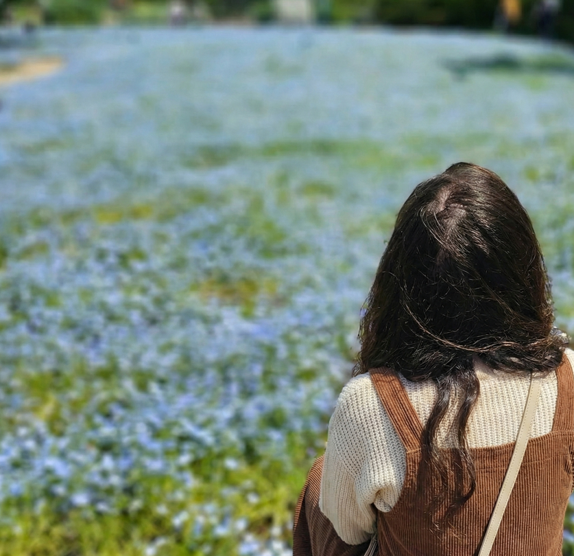 Découvrez le guide du thé matcha 46 Lila contemplant les champs de fleurs au Japon, moment de découverte du matcha authentique