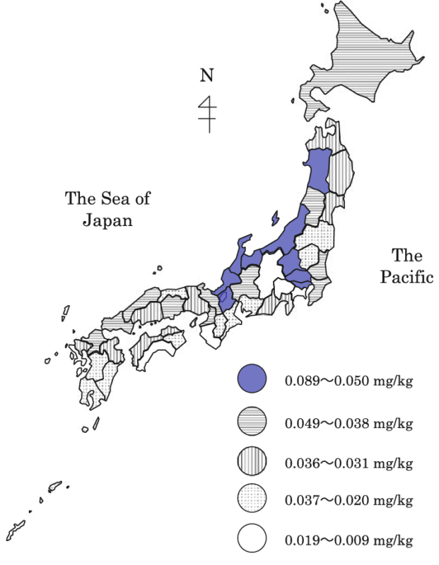 Faut-il s'alerter de la présence de métaux lourds dans le matcha ? 2 Carte de la répartition du cadmium dans le riz brun au Japon