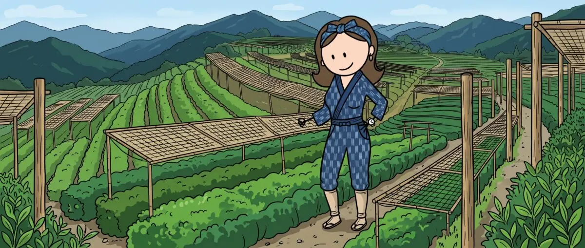 Théiers recouverts d'une toile d'ombrage noire au Japon, technique traditionnelle de production du matcha