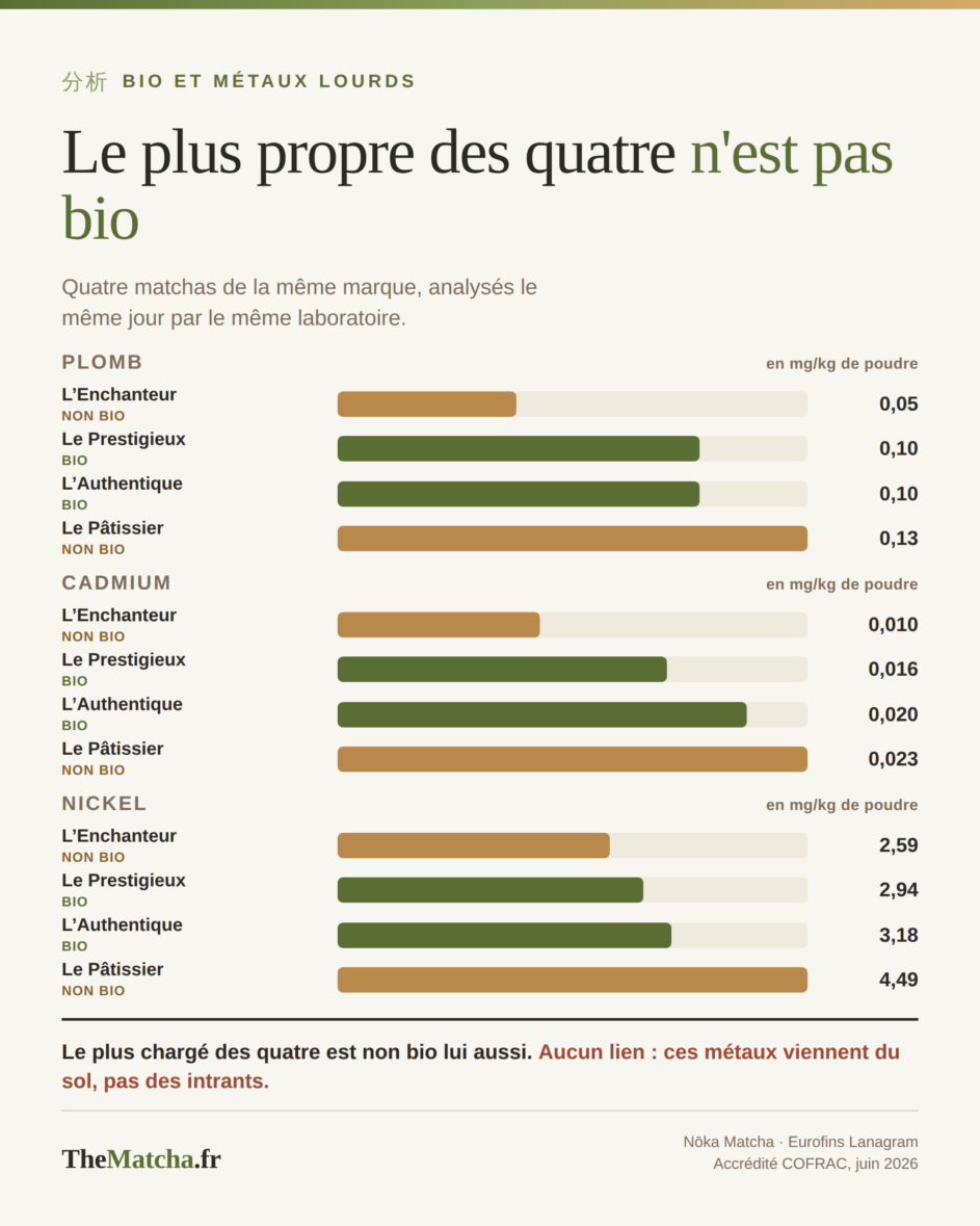 Plomb, cadmium et nickel des quatre matchas Nōka analysés le même jour : le seul non bio de la sélection cérémonie affiche les valeurs les plus basses