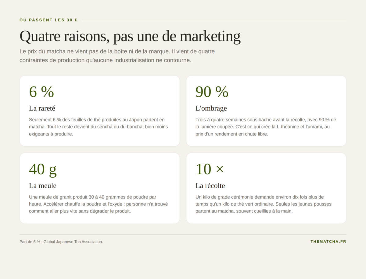 Les quatre raisons du prix du matcha : 6 % de la récolte japonaise, 90 % de lumière coupée à l'ombrage, 40 g par heure à la meule, dix fois plus de travail