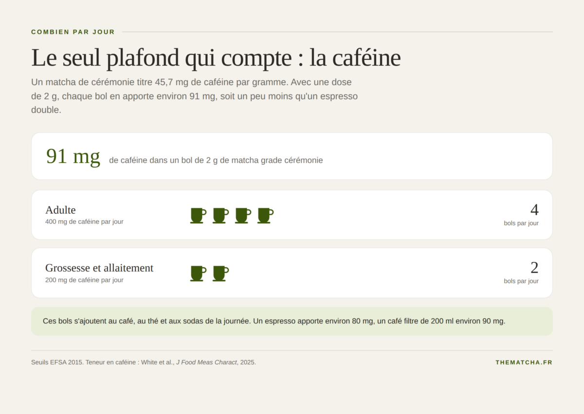 Nombre de bols de matcha par jour selon les seuils de caféine de l'EFSA : 4 bols pour un adulte, 2 pendant la grossesse