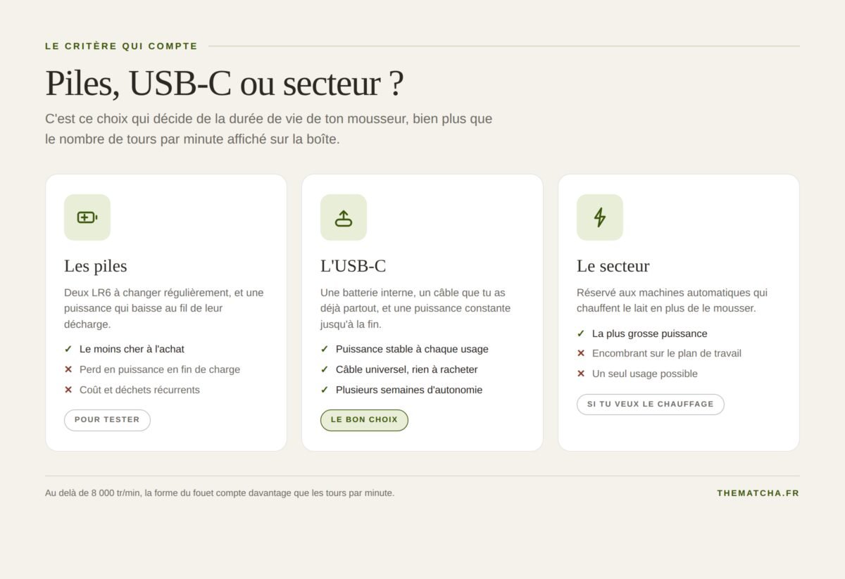 Comparaison des trois alimentations d'un mousseur à lait : piles, batterie USB-C et secteur