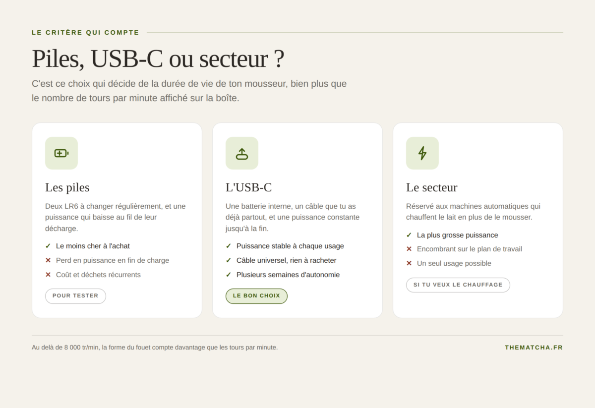Comparaison des trois alimentations d'un mousseur à lait : piles, batterie USB-C et secteur