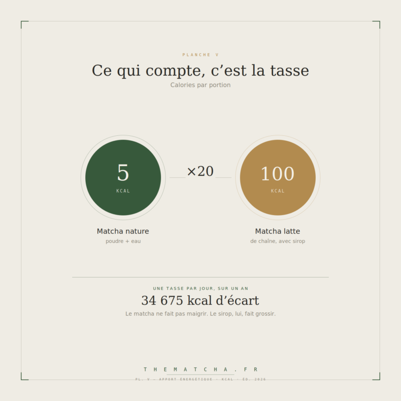 Comparaison calorique : 5 kcal pour un matcha nature à l'eau contre 100 kcal pour un matcha latte de chaîne avec sirop, soit 34 675 kcal d'écart sur un an
