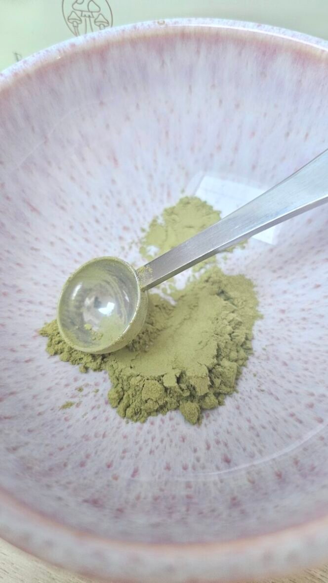 La couleur de la poudre du Matcha Mushrooms de Matcha and CO