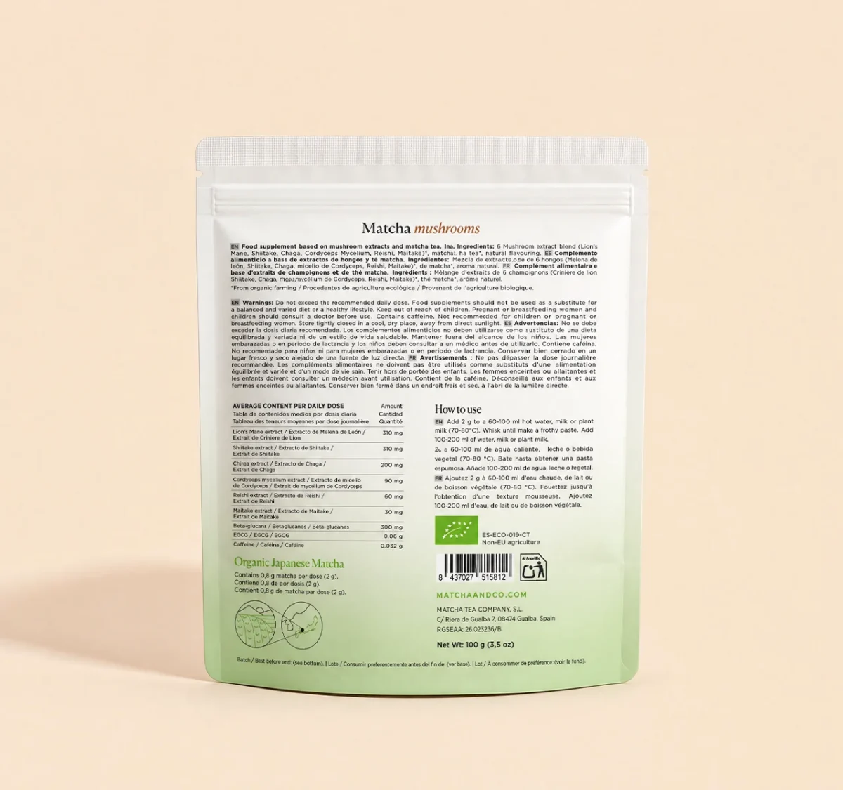 Détail de la composition du Matcha Mushrooms, avec la teneur de chaque champignon par dose journalière.